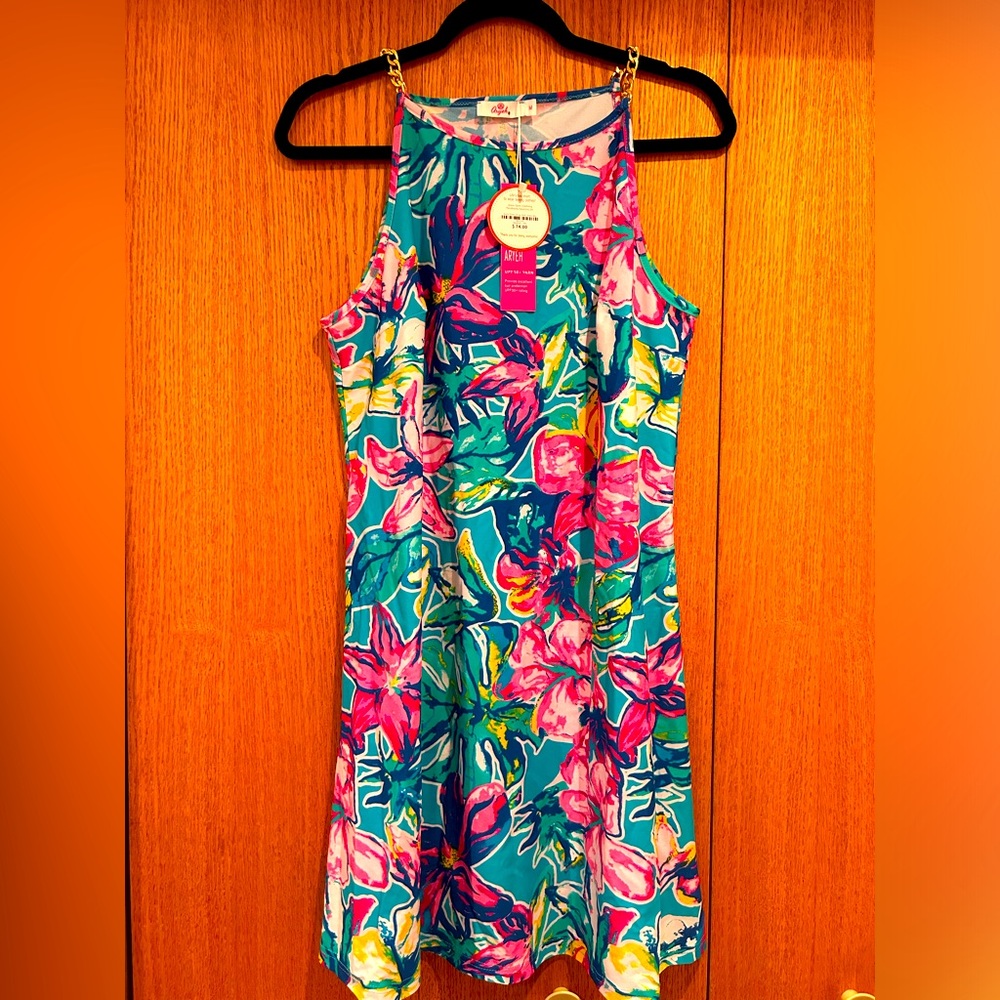 NWT Aryeh Tropical UPF 50 Floral Dress With Gold Chair Straps Women’s Medium
